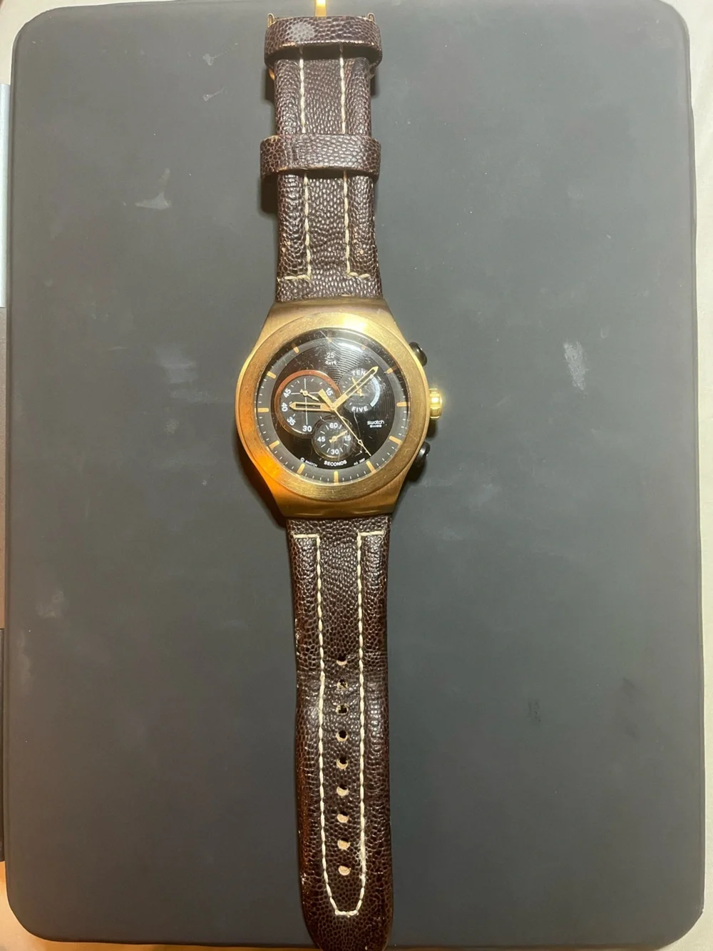 Swatch Gold-Tone Case Watch with Black Dial and Brown Strap V8  Four Jewels